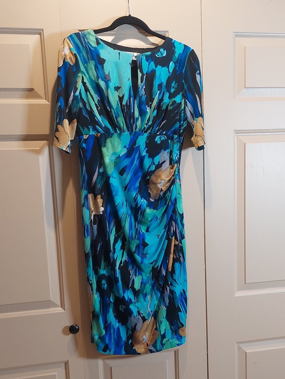 Maggy London Blue & Aqua Floral Midi Dress with Tan Accents